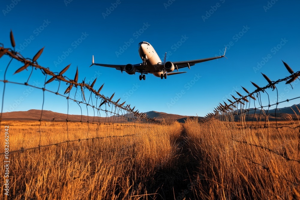 Poster single plane trail in a clear minimalist sky, symbolizing freedom and open space