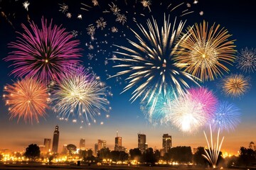 Fototapeta premium Sky filled with colorful fireworks bursting over a cityscape at night, illuminating the skyline