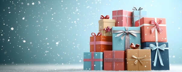 Festive Mountain of Colorful Gift Boxes in a Winter Wonderland - Vibrant Wrapped Presents Surrounded by Gentle Snowfall for Holiday Cheer and Celebration