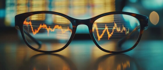 Glasses with stock market graphs reflected in the lenses capture the analytical focus and intensity of financial pursuits.