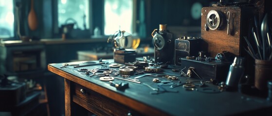 A cozy, cluttered workbench in a sunlit room brims with classic watchmaking tools, embodying craftsmanship and nostalgia.