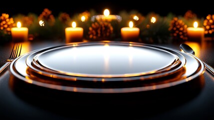 A table setting with candles and plates on a black table