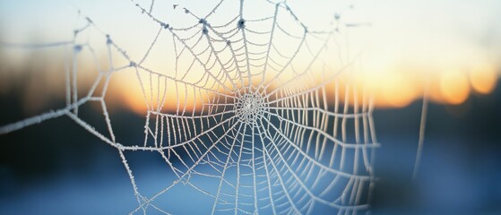 A delicate spider web glistens with morning frost, capturing the intricate patterns and beauty of nature’s artistry at sunrise.