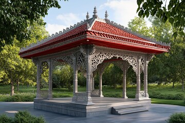 Fototapeta premium red and grey elegant traditional wooden pavilion with intricate royal carvings 