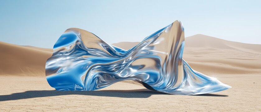 A sleek, abstract silver sculpture resting listlessly in the barren desert under a bright, pale sky, shining with a surreal glow.