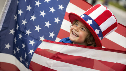 Smiling child with USA flag on holiday