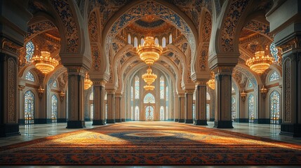Obraz premium The interior of a grand mosque with intricate arches, chandeliers, and a patterned carpet.
