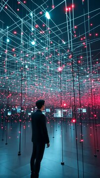 A man stands in an illuminated room, surrounded by a network of lights