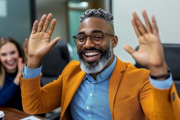Team members high-fiving in a conference room, radiating energy and team success