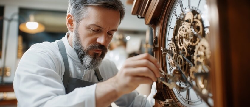 A dedicated craftsman carefully works on intricate clock mechanisms, highlighting the beauty of traditional watchmaking and precision.