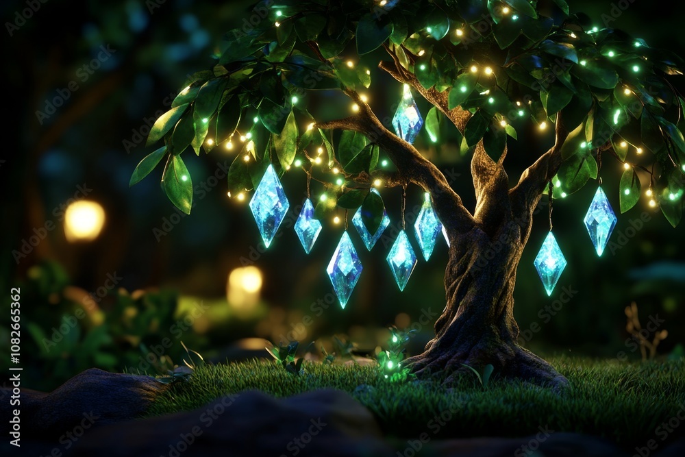 Poster tree with magical crystals hanging from its branches, radiating a soft, ethereal light in an enchant