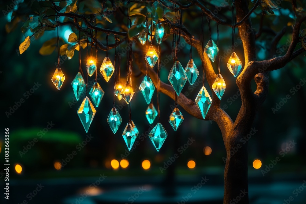 Aufkleber tree with magical crystals hanging from its branches, radiating a soft, ethereal light in an enchant