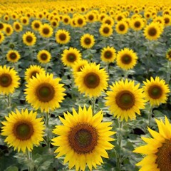 A hip-level, full shot of a vibrant sunflower field in full bloom, with rows of tall sunflowers stretching toward the sun. The perspective highlights the height of the flowers against a clear blue sky