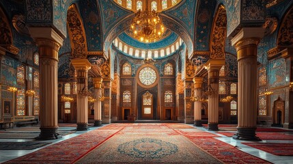 Obraz premium The interior of a mosque with a large, ornate dome and stained glass windows.