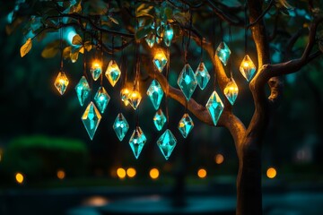 Tree with magical crystals hanging from its branches, radiating a soft, ethereal light in an enchanted forest