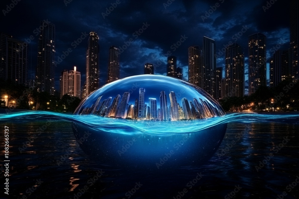 Poster underwater city with glowing skyscrapers and domes, futuristic architecture with a glass-like ocean 