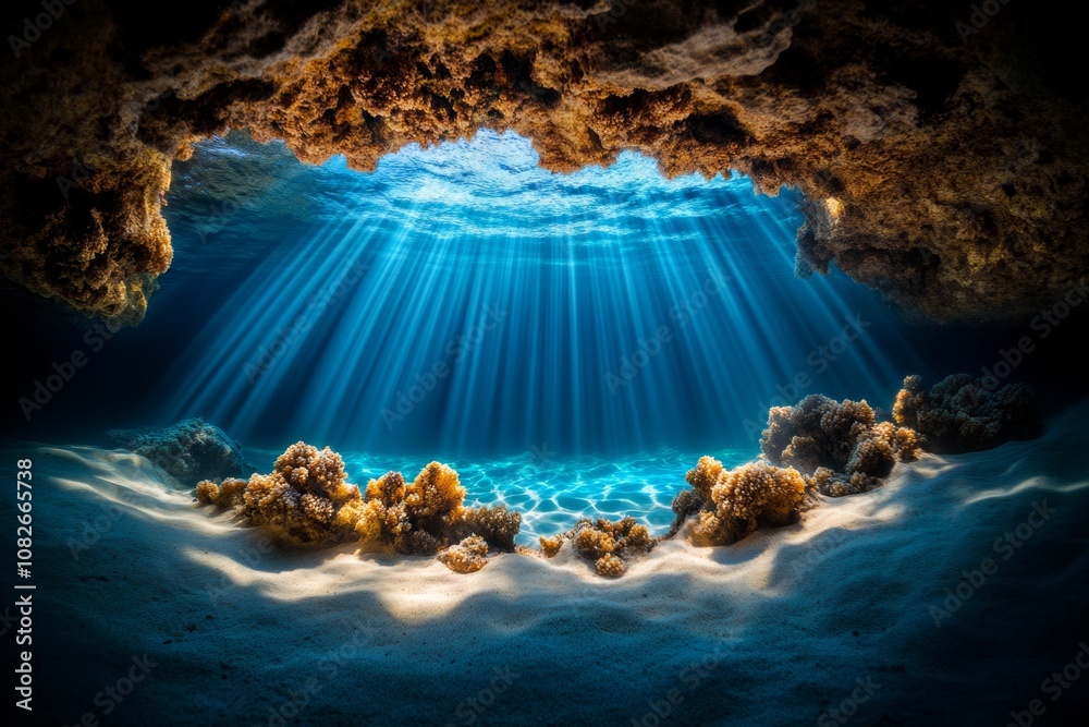 Poster Underwater cave with light streaming through openings, creating a mysterious and beautiful scene