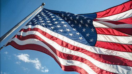 Waving American flag under blue sky