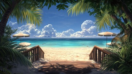 Wooden Deck Overlooking a Tropical Beach with Palm Trees, Soft Sand, and a Calm Ocean Horizon in the Background, Capturing the Perfect Vacation Setting for Relaxation