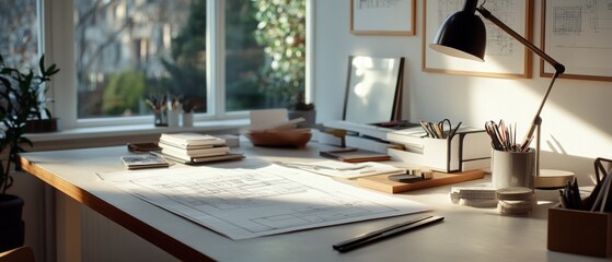 Architectural desk illuminated by warm sunlight, with plans spread out, inviting innovation in its serene embrace of light and order.