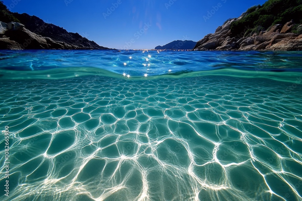 Poster Underwater landscape with gentle waves rippling above, creating soft light patterns on the ocean floor