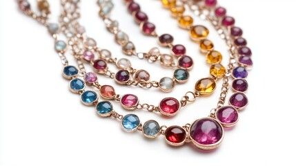 Elegant jewelry display featuring multi-colored gemstones, shimmering beads, and intricate chain design, ideal for fashion, accessories, and luxury promotions.