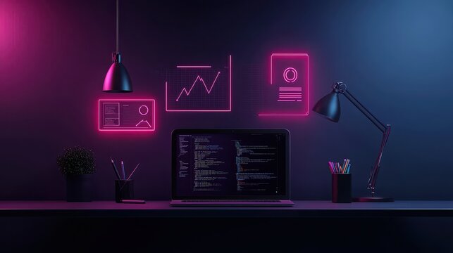 Modern tech workspace online study lounge digital environment cozy ambiance close-up innovation and learning