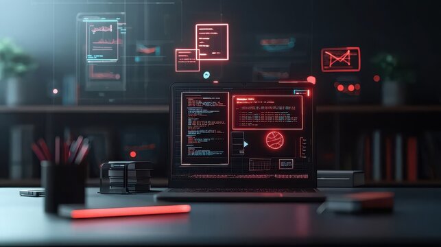 High-tech coding session virtual study lounge digital workspace modern environment close-up view innovation