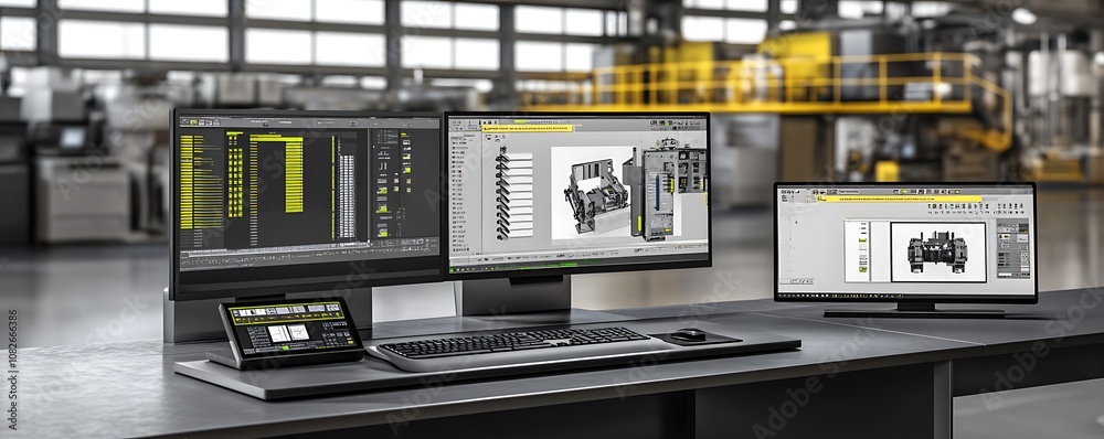 Poster a modern workspace featuring multiple monitors displaying technical designs and data.