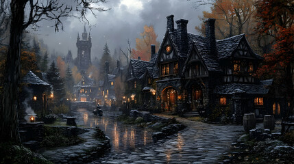 Naklejka premium Illustration - Fantasy Village, Cobblestone Path, Tower, Autumn