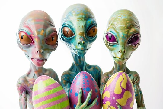 Isolated in white background no shadow on background, A group of aliens arrive on Earth and begin celebrating Easter, but their customs and traditions are very different from ours