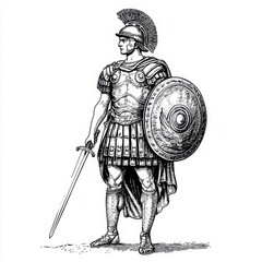 Obraz premium A vintage line art illustration of a Roman soldier standing at attention, holding a sword and shield, with a detailed Roman helmet. 