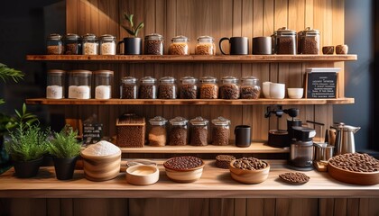 Naklejka premium Artisan Coffee Bar Display Featuring Freshly Ground Coffee Beans, Gluten-Free Baked Goods, and Organic Condiments for a Sophisticated and Cozy Home Cafe Experience