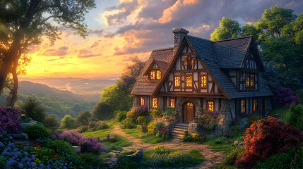 Illustration - Cozy Cottage at Sunset in a Flower Garden