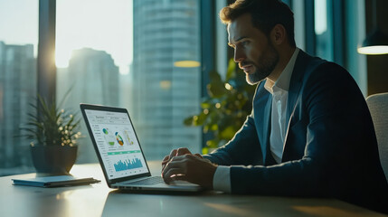Business professional analyzing financial data on a laptop in a modern office with city views during the late afternoon