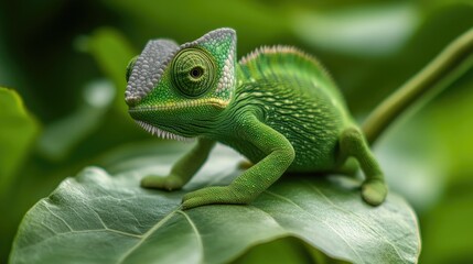 Obraz premium Vivid Green Chameleon on a Leaf