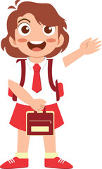 Happy girl waving with school backpack and lunch bag