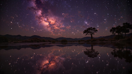 Starry night reflecting on a calm lake