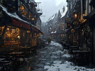 Illustration Snowy Medieval Street Tavern Rain Cobblestone Path