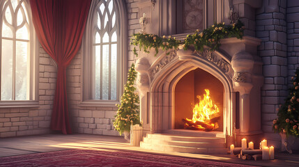Cozy fireplace in an exquisite room of a medieval castle. ai generated. Exquisite. Illustration