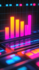 Fototapeta premium A vibrant digital graph displays colorful bars in neon shades, illustrating data trends and analytics in a modern, tech-inspired environment.