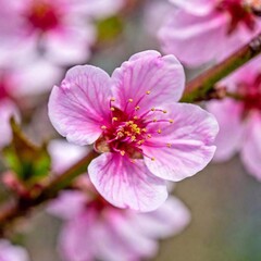 Obraz premium an extreme macro image of a blooming cherry blossom, emphasizing the delicate stamens, pistils, and the subtle gradients of pink in the petal, capturing the finest details and textures