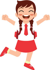 Cheerful girl in school uniform jumping with joy