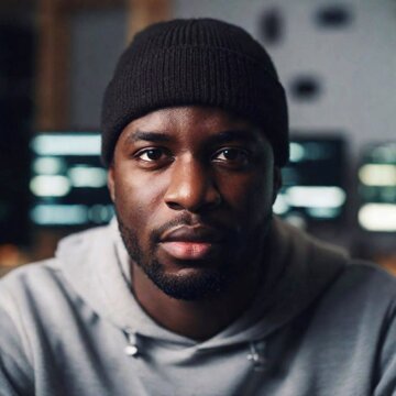 A rack focus close-up of a black male hacker face, with his intense gaze in sharp focus at eye level, and the background of dimly lit tech equipment softly blurred, emphasizing his role as a cyber vig