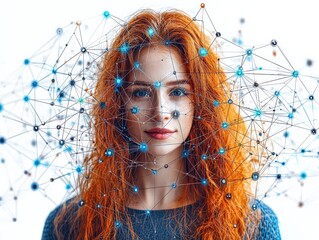 A woman with vibrant red hair, surrounded by a web of interconnected nodes and data points, symbolizing technology and connectivity.