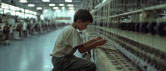 A young boy intently inspects threads in a large textile factory, highlighting child labor and industrial perseverance.