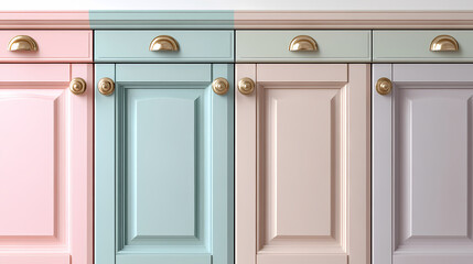 Obraz premium Detailed shot of pastel-colored vintage cabinet doors in a modern kitchen, emphasizing their craftsmanship, under perfect lighting. Exquisite. Illustration