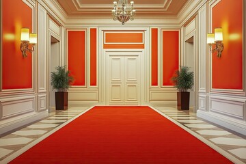 elegant red carpet in entrance luxury hotel with orange and cream walls 