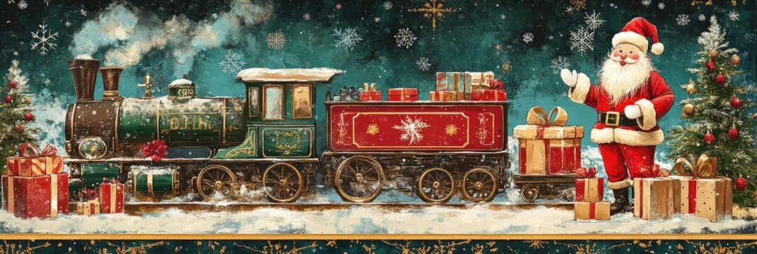 A vintage-inspired 2D illustration featuring Santa Claus standing next to a train with gift boxes on it, with snowflakes and a Christmas tree, perfect for holiday poster, and greeting cards