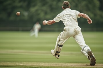 A cricket player delivers a powerful bowl during a match on a well-maintained field in a sunny afternoon, capturing the intensity of the sport